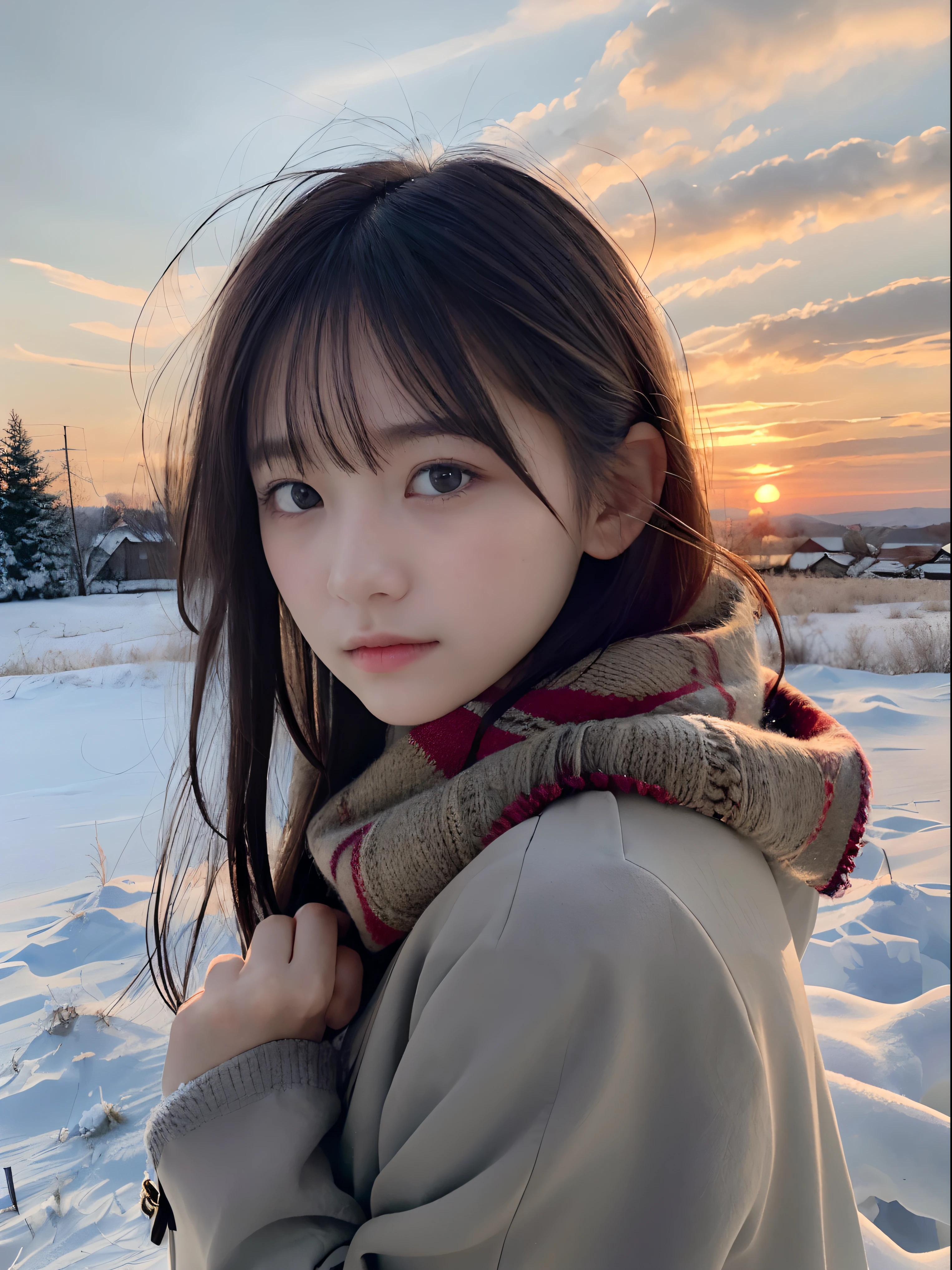 (Close up portrait of slender girl with long hair with dull bangs in winter uniform with winter coat and scarf :1.5)、(The girl looks back with a sad face:1.5)、(Girl's hair fluttering in the wind:1.5)、(Big sunset red sky covered with beautiful snow:1.5)、(Perfect Anatomy:1.3)、(No mask:1.3)、(complete fingers:1.3)、Photorealistic、Photography、masutepiece、top-quality、High resolution, delicate and pretty、face perfect、Beautiful detailed eyes、Fair skin、Real Human Skin、pores、((thin legs))、(Dark hair)