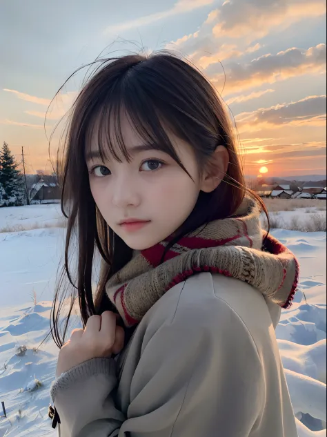 (Close up portrait of slender girl with long hair with dull bangs in winter uniform with winter coat and scarf :1.5)、(The girl l...