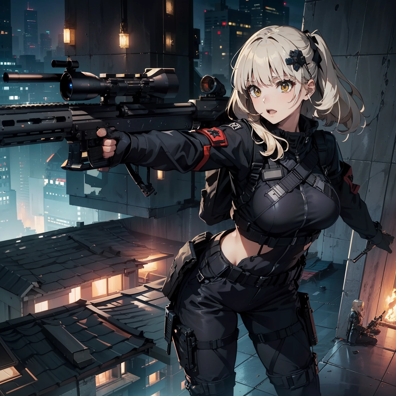(Trained female soldiers)、((Aim and fire your rifle:1.4、Sniper stance、guns、h&K HK416))、1 Women、thick body、(Black combat uniform)、(platinum-blonde-hair:1.2)、((超A high resolution))、Detail Write、​masterpiece、top-quality、extremely details CG、8K picture quality、Cinematographic lighting、lensflare、(Skyscraper rooftop at night:1.4)、Hyper-detailing、((Dynamic Angle Bust Shots:1.4))、Detailed firearm depiction、Rifle with perfect detail、Perfect barrel that does not distort、Fighter in the sky、Military drones