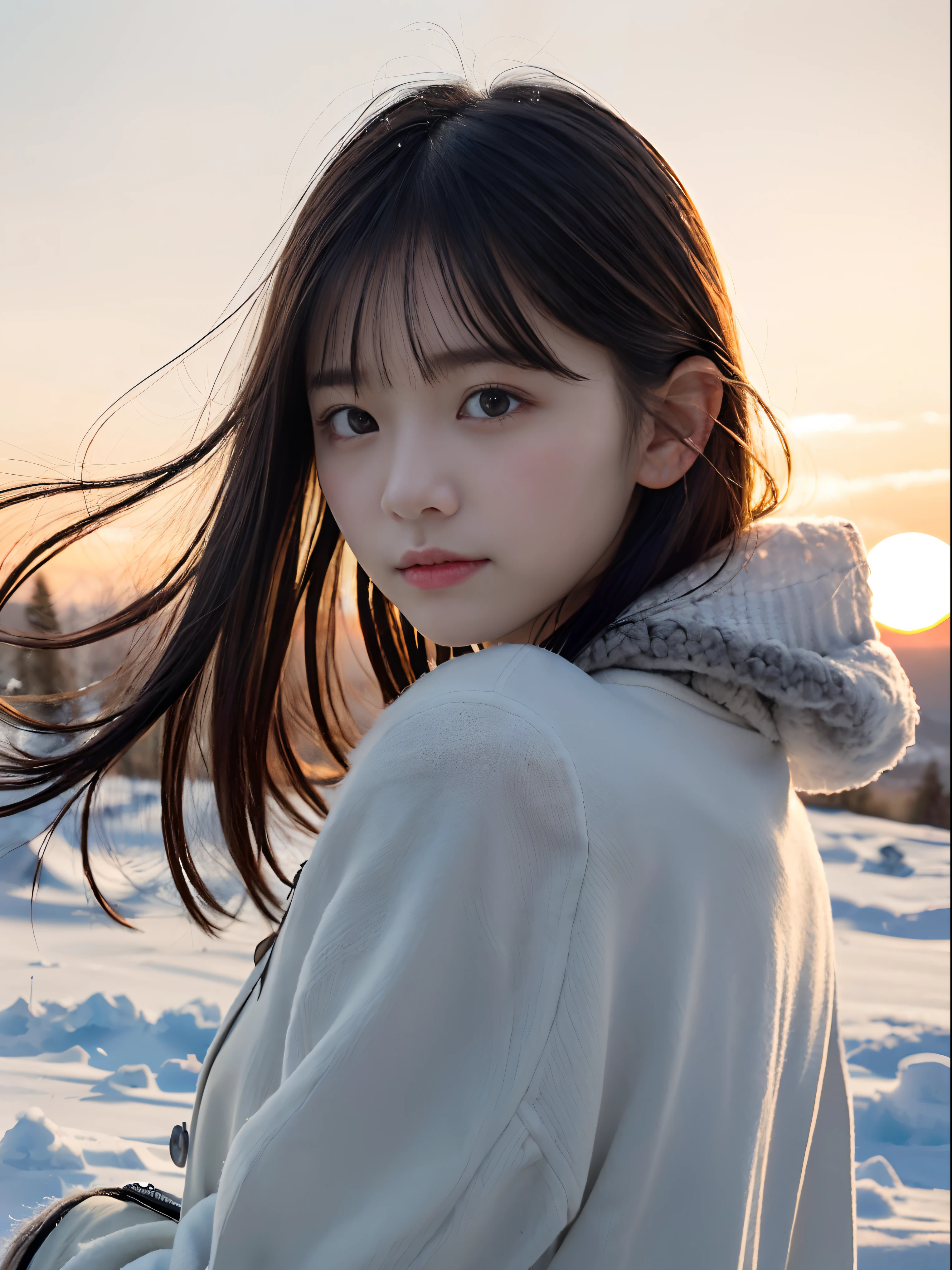 (Close up portrait of slender girl with long hair with dull bangs in winter uniform with white winter coat and gray scarf :1.5)、(The girl looks back with a sad face:1.5)、(Girl's hair fluttering in the wind:1.5)、(Big sunset red sky covered with beautiful snow:1.5)、(Perfect Anatomy:1.3)、(No mask:1.3)、(complete fingers:1.3)、Photorealistic、Photography、masutepiece、top-quality、High resolution, delicate and pretty、face perfect、Beautiful detailed eyes、Fair skin、Real Human Skin、pores、((thin legs))、(Dark hair)