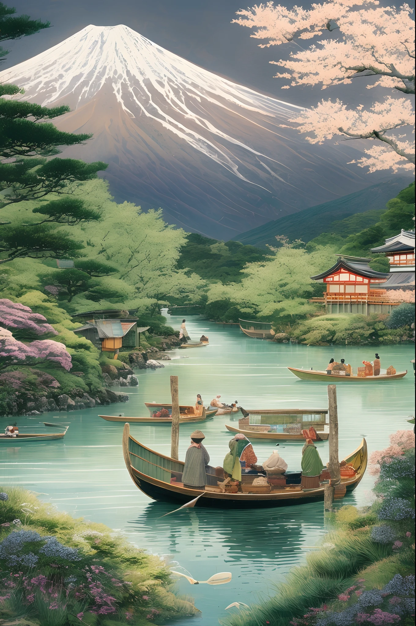 Гора Фудзи, символ природной красоты Японии, в окружении пышной зелени и чистейшей реки, местные рыбаки на традиционных лодках занимаются своим промыслом, сцена гармонии и традиций, Иллюстрация, цифровое искусство с вниманием к культурным деталям