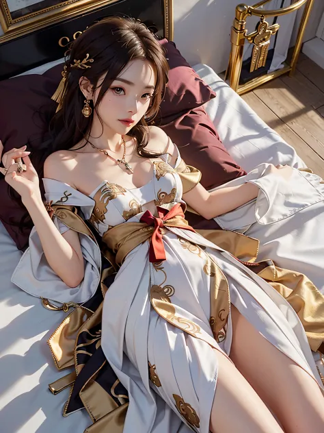 (Chinese Bride), (Wearing a pretty red Chinese wedding dress.), (Conservative Wedding Dresses: 1.4), ((Half lying in bed..)), (C...