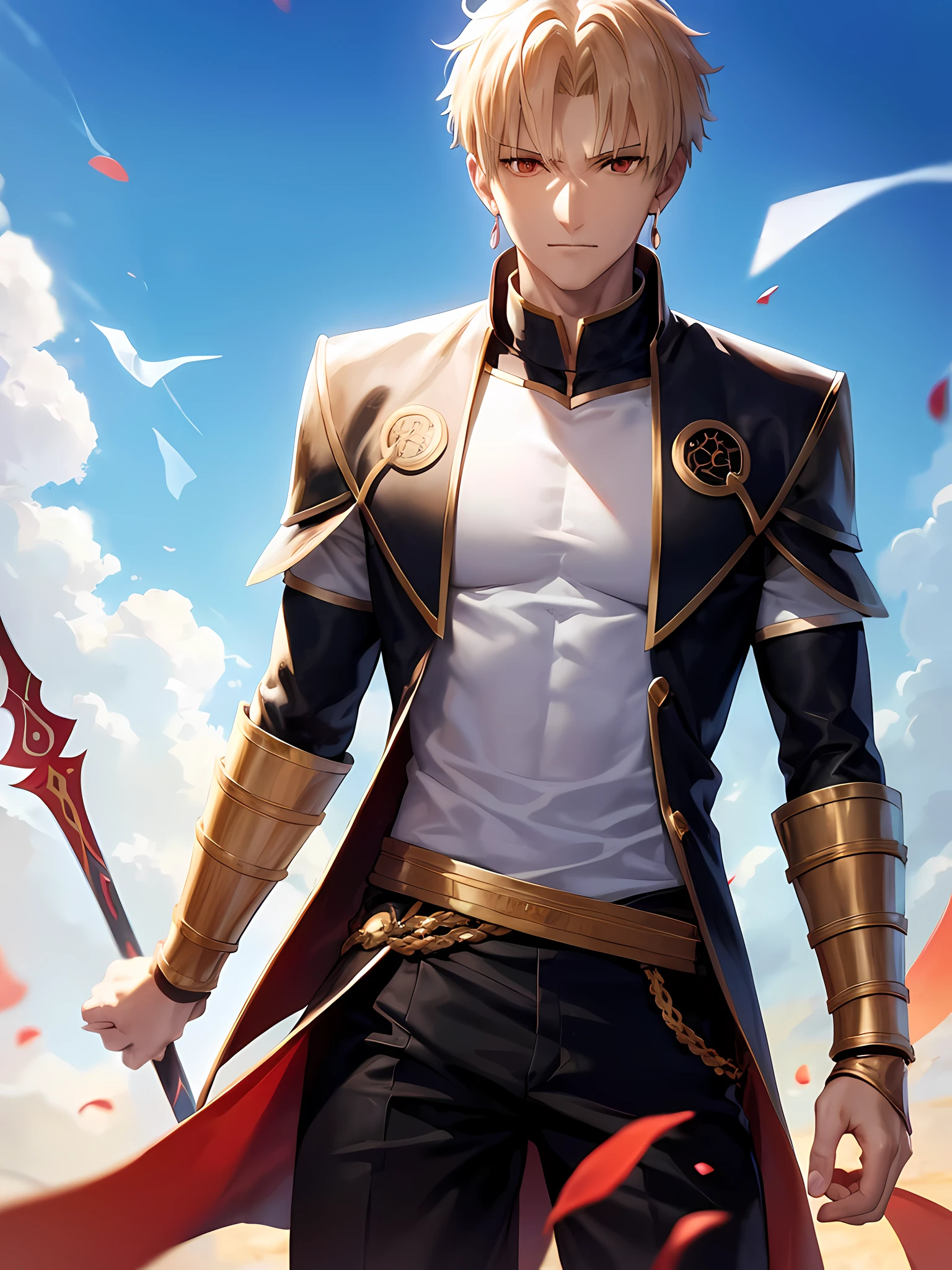 Gilgamesh, (Fate/Zero and Fate/stay night), white shirt, black jacket, upper body,  blonde hair, looking at viewer, 1boy, red eyes, smiling, floating hair, (clear blue sky background), short hair,  right hand on waist, 8K, anime cool guy style, solo, close up