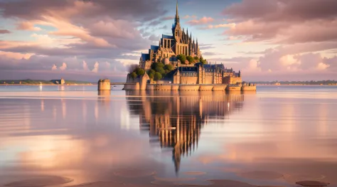 Mont Saint-Michel, viewed from a serene distance across calm waters, the abbey and its reflection creating a perfect symmetry, a...