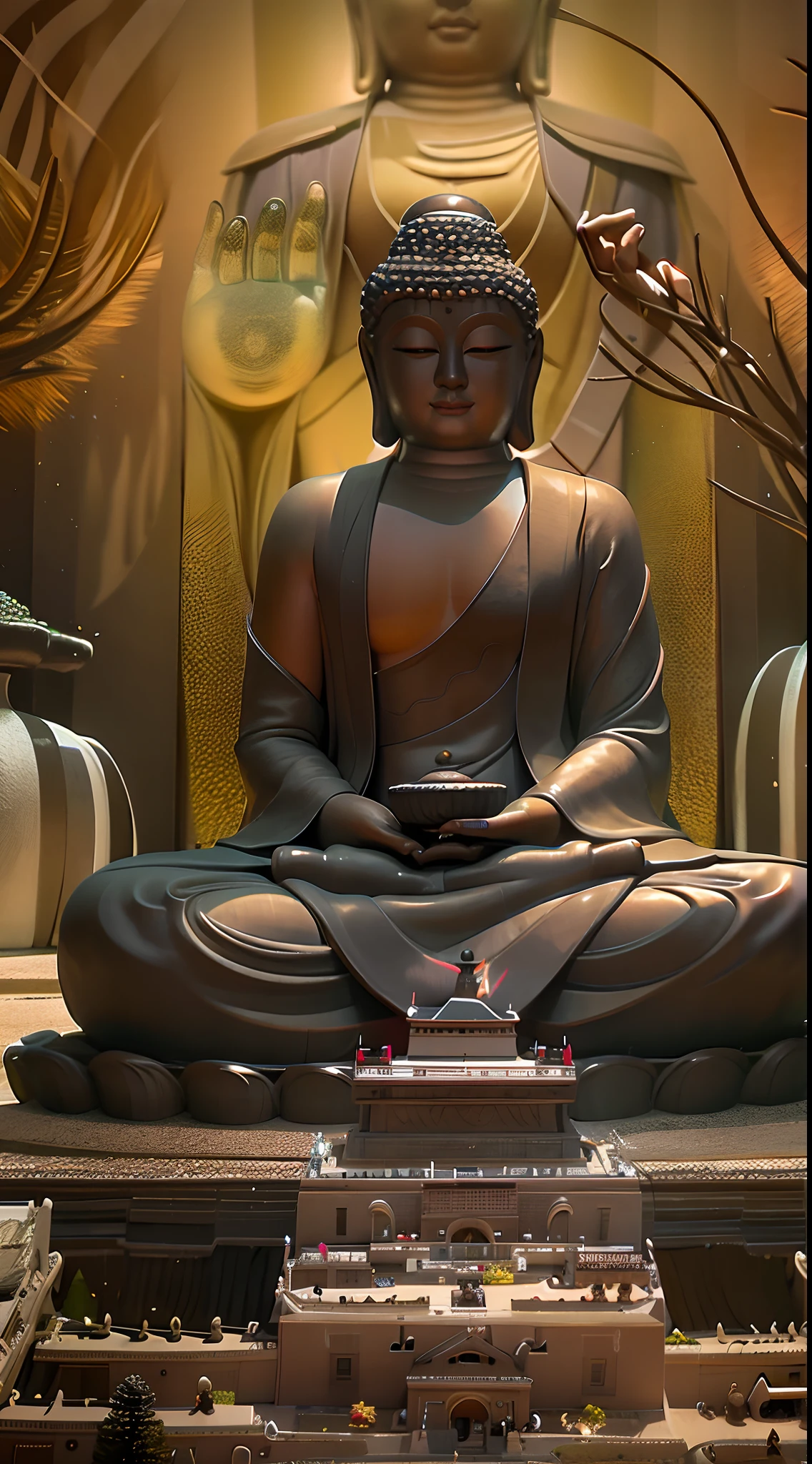 There is a Buda statue in the pond, a Budista Buda, Fondo del templo zen, budismo, Budista, En el camino hacia la iluminación, meditación zen, Buda, En el camino hacia la iluminación, Ambiente Zen, expresión serena, Fondo natural Zen, hermosa imagen, poderosa composición zen, tranquilidad 4k, meditación zen ciberpunk, una sonrisa serena, meditación, sentimiento zen