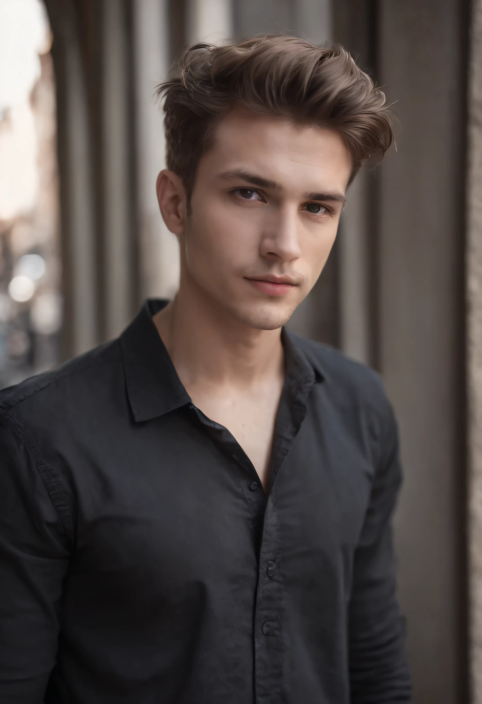 22 year old boy, caucasian, black shirt,messy quiff hairs style, square face shape, light beard, looking at camera, street photograpghy, straight possing, perfect lighting, deep shadow, best quality, masterpiece, ultra highres, photorealistic