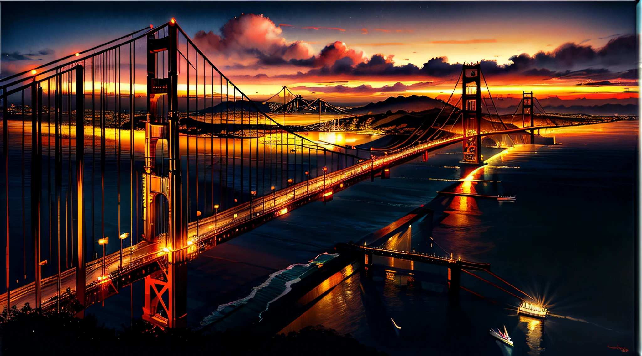 The Golden Gate Bridge at sunset, bathed in warm, golden light, the city skyline in the background, sailboats gliding beneath it, evoking a feeling of serenity and elegance, Painting, watercolors on canvas with focus on capturing the golden hues, solo, 1 bridge,