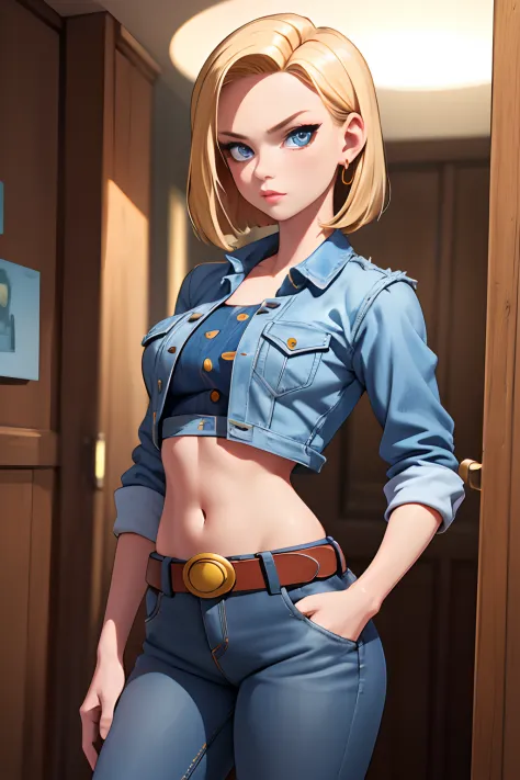 (masterpiece, best quality), 1girl, beautiful face, beautiful body,  android18, earrings, denim, belt