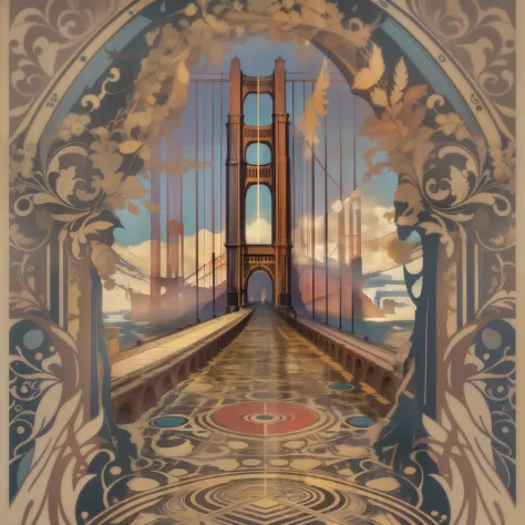 Golden Gate Gaze, Art Nouveau, Digital Illustration, Color Theory, Expressionism, T-shirt vector, Center composition graphic design, Plain background, mockup