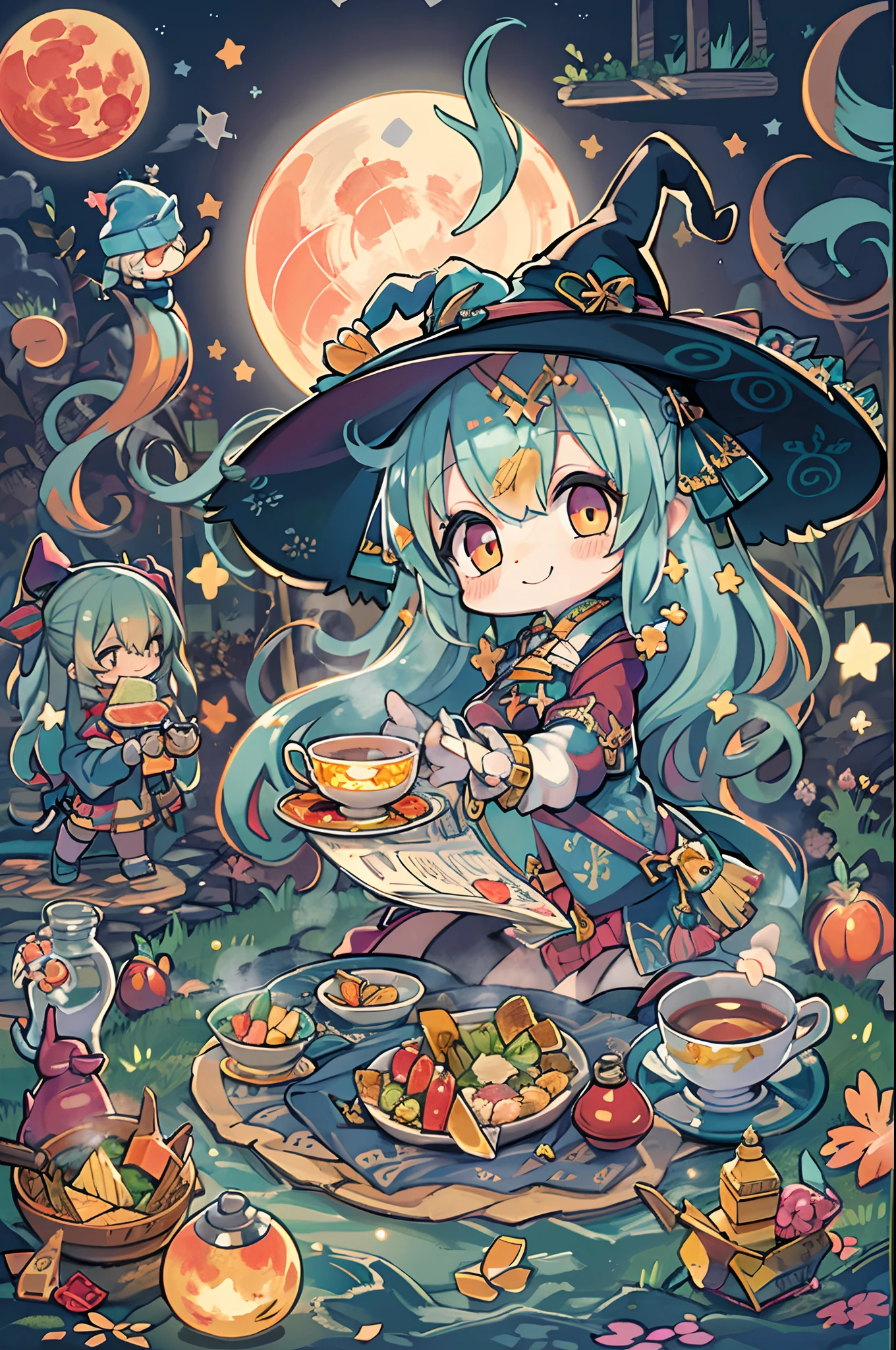 masutepiece, Best Quality, Chibi, Wizard Tea , the witch, beautiful witch, Happy, Vibrant, Colorful,(((Big Full Moon)))、Under the full moon