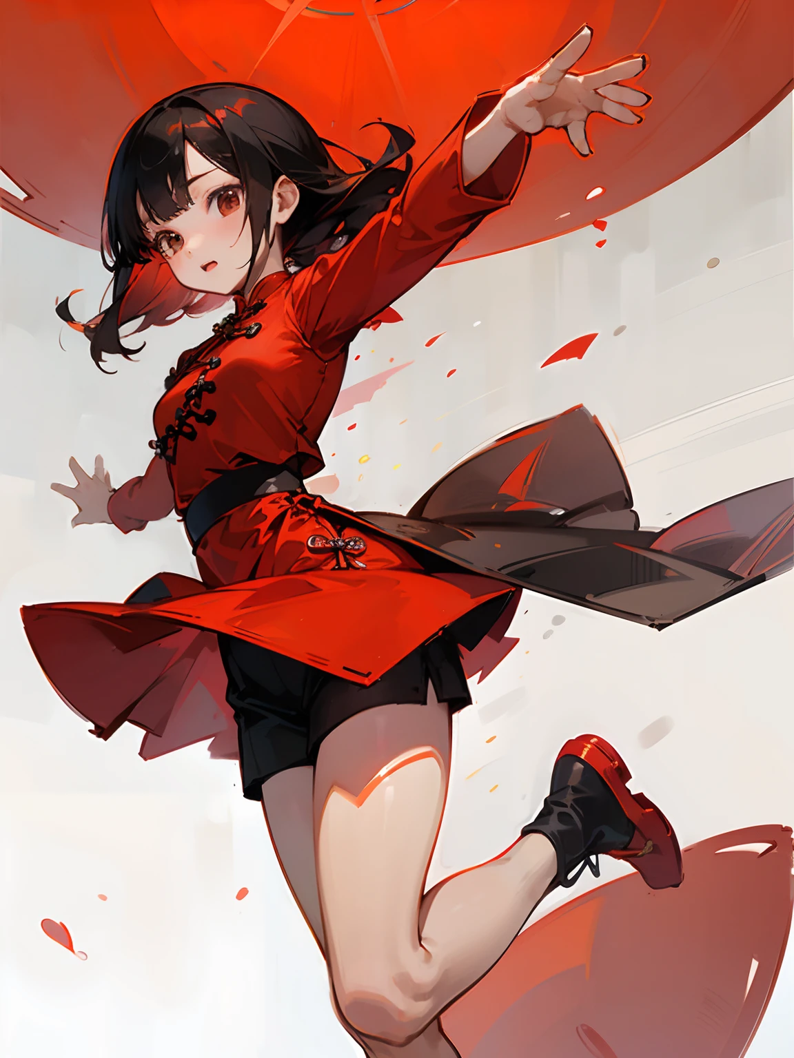 1girll,Tight cheongsam，Red Chinese style，Maruko hair style，teens girl，quadratic element，Open your arms upwards，Facing forward，without background