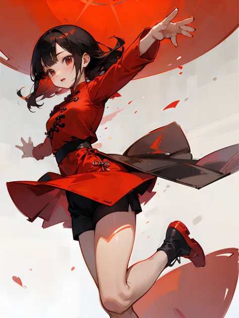 1girll,Tight cheongsam，Red Chinese style，Maruko hair style，teens girl，quadratic element，Open your arms upwards，Facing forward，wi...