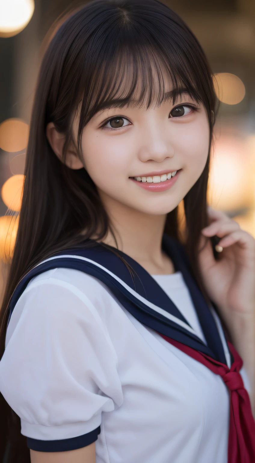 masutepiece, Best Quality, 8K, 15yo student, Teen, Raw photo, absurderes, award winning portrait, Smile, Solo, Night, neons, Idol face, Delicate girl, Upper body, Digital SLR, Looking at Viewer, Candid, Sophisticated, Thin arms, Professional Lighting, Film grain, chromatic abberation, (Eyes and faces with detailed:1.0), (Bokeh:1.1) , sailor uniform , closes mouth , short hair , long hair , huge breast