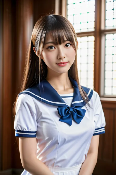 (((Draw only one woman: 2))), Beautiful 18-year-old Japanese woman, (High school girl in a short-sleeved sailor uniform: 1.5), (...