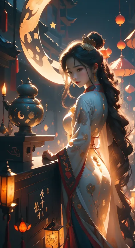 Chang'e and the rabbit's moonlight Mid-Autumn Festival, Masterpiece:1.2, Ultra-detailed, Realistic:1.37, Night scene, Tranquil a...