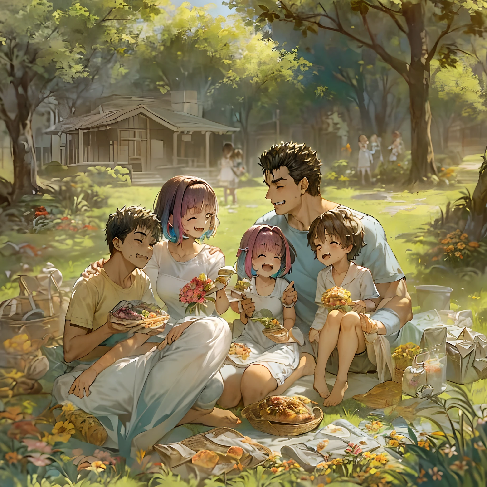 (una familia feliz en un jardín de picnic),(riamu como figura maternal),(riamu y su esposo pasan tiempo de calidad),(una pareja disfrutando del aire libre),(Los niños de Riamu jugando y divirtiéndose.),(agallas como un padre amoroso y afectuoso),(un amoroso esposo y esposa),(riamu y su hijo comparten un vínculo alegre),(una familia feliz y armoniosa),(la risa alegre de los niños),(la calidez de los lazos familiares),(una pintoresca escena de jardín),(los colores vibrantes de la naturaleza),(la suave luz del sol filtrándose entre los árboles),(un ambiente pacífico y sereno),(tripas y riamu rodeados de flores en flor),(el olor a hierba recién cortada),(un delicioso picnic acompañado de una variedad de comida),(el sonido de los pájaros cantando),(la sensación de la hierba bajo sus pies),(el amor y la felicidad que irradia la familia),(un momento de pura alegría y unión),(una instantánea de una salida familiar perfecta),(un recuerdo para ser apreciado por siempre)