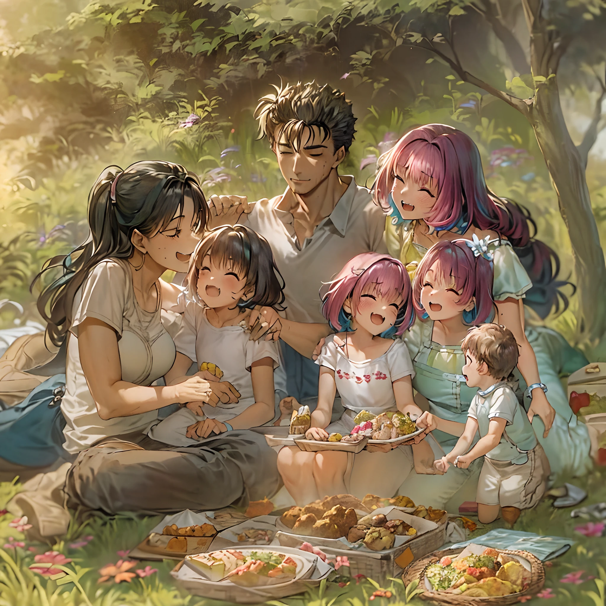 (una familia feliz en un jardín de picnic),(riamu como figura maternal),(riamu y su esposo pasan tiempo de calidad),(una pareja disfrutando del aire libre),(Los niños de Riamu jugando y divirtiéndose.),(agallas como un padre amoroso y afectuoso),(un amoroso esposo y esposa),(riamu y su hijo comparten un vínculo alegre),(una familia feliz y armoniosa),(la risa alegre de los niños),(la calidez de los lazos familiares),(una pintoresca escena de jardín),(los colores vibrantes de la naturaleza),(la suave luz del sol filtrándose entre los árboles),(un ambiente pacífico y sereno),(tripas y riamu rodeados de flores en flor),(el olor a hierba recién cortada),(un delicioso picnic acompañado de una variedad de comida),(el sonido de los pájaros cantando),(la sensación de la hierba bajo sus pies),(el amor y la felicidad que irradia la familia),(un momento de pura alegría y unión),(una instantánea de una salida familiar perfecta),(un recuerdo para ser apreciado por siempre)