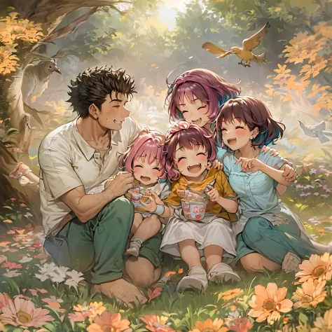 (a happy family in a picnic garden),(riamu as a motherly figure),(riamu and her husband spending quality time),(a couple enjoying the outdoors),(riamu's children playing and having fun),(guts as a loving and caring father),(a loving husband and wife),(riam...
