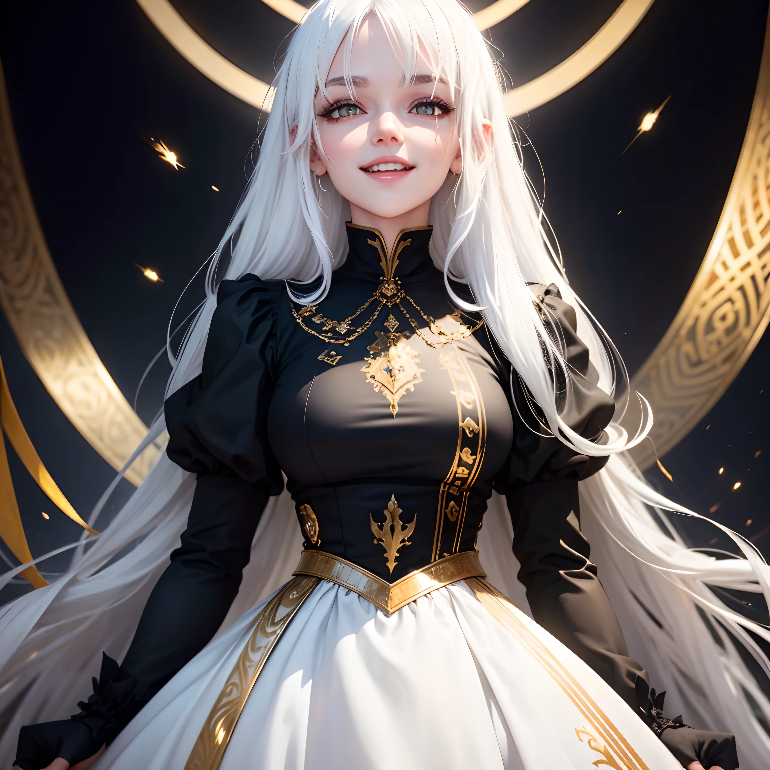 best quality, white hair, gold eyes, black clothes, looking up, upper body, hair strand, Fair skin, smiling, devil