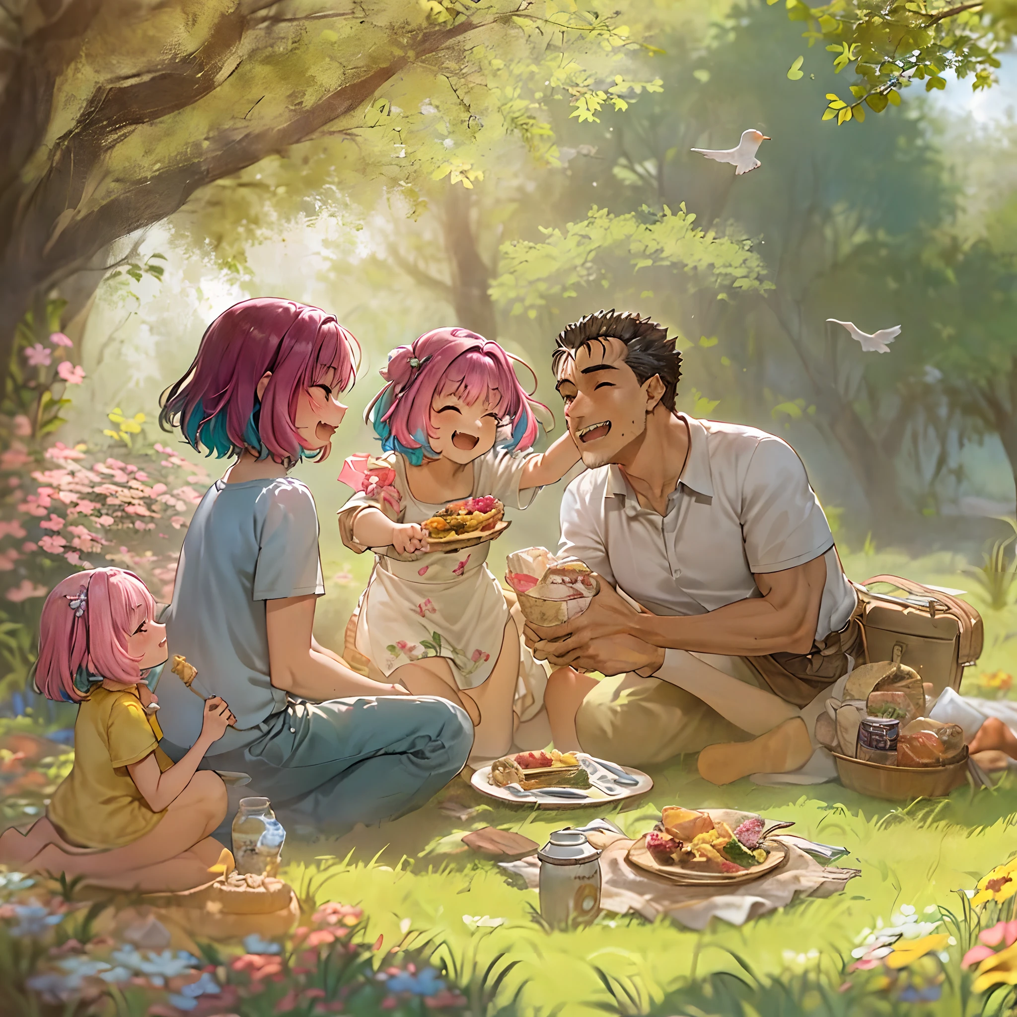 (una familia feliz en un jardín de picnic),(riamu como figura maternal),(riamu y su esposo pasan tiempo de calidad),(una pareja disfrutando del aire libre),(Los niños de Riamu jugando y divirtiéndose.),(agallas como un padre amoroso y afectuoso),(un amoroso esposo y esposa),(riamu y su hijo comparten un vínculo alegre),(una familia feliz y armoniosa),(la risa alegre de los niños),(la calidez de los lazos familiares),(una pintoresca escena de jardín),(los colores vibrantes de la naturaleza),(la suave luz del sol filtrándose entre los árboles),(un ambiente pacífico y sereno),(tripas y riamu rodeados de flores en flor),(el olor a hierba recién cortada),(un delicioso picnic acompañado de una variedad de comida),(el sonido de los pájaros cantando),(la sensación de la hierba bajo sus pies),(el amor y la felicidad que irradia la familia),(un momento de pura alegría y unión),(una instantánea de una salida familiar perfecta),(un recuerdo para ser apreciado por siempre)