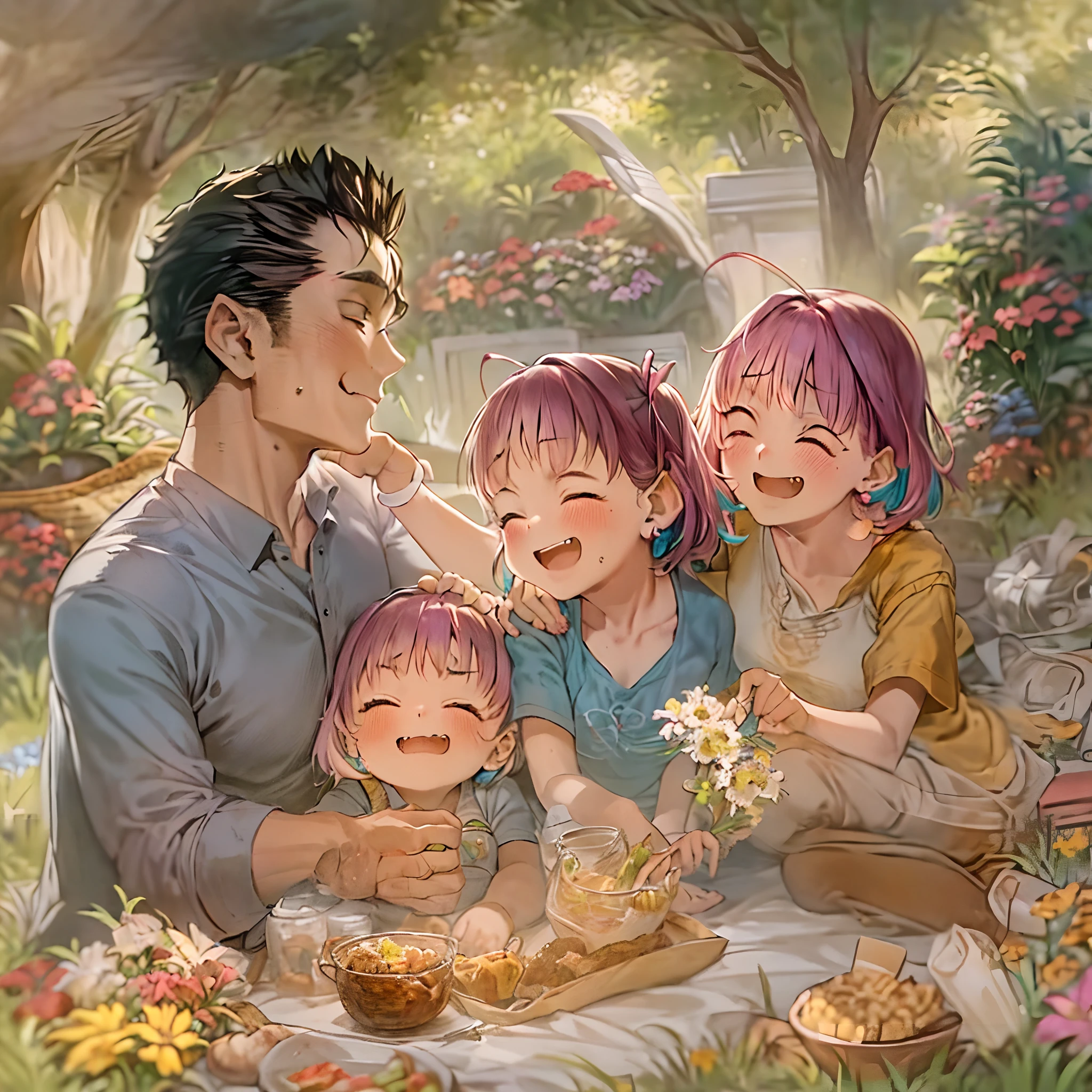 (a happy family in a picnic garden),(riamu as a motherly figure),(riamu and her husband spending quality time),(a couple enjoying the outdoors),(riamu's children playing and having fun),(guts as a loving and caring father),(a loving husband and wife),(riamu and her son sharing a joyful bond),(a happy and harmonious family),(the joyful laughter of children),(the warmth of family bonds),(a picturesque garden scene),(the vibrant colors of nature),(the soft sunlight filtering through the trees),(a peaceful and serene atmosphere),(guts and riamu surrounded by blooming flowers),(the scent of freshly cut grass),(a delicious picnic spread with a variety of food),(the sound of birds chirping),(the feeling of grass beneath their feet),(the love and happiness radiating from the family),(a moment of pure joy and togetherness),(a snapshot of a perfect family outing),(a memory to be cherished forever)