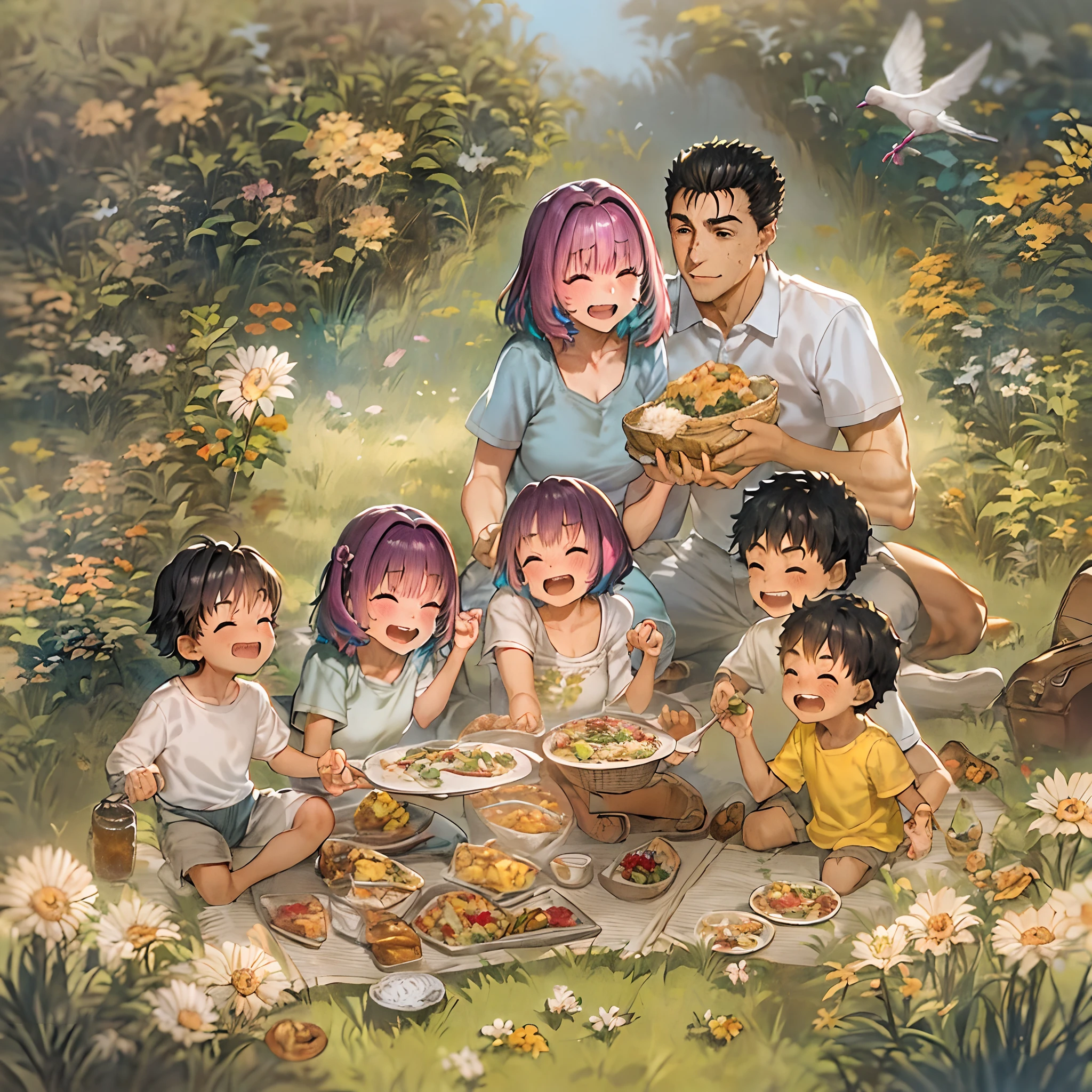 (una familia feliz en un jardín de picnic),(riamu como figura maternal),(riamu y su esposo pasan tiempo de calidad),(una pareja disfrutando del aire libre),(Los niños de Riamu jugando y divirtiéndose.),(agallas como un padre amoroso y afectuoso),(un amoroso esposo y esposa),(riamu y su hijo comparten un vínculo alegre),(una familia feliz y armoniosa),(la risa alegre de los niños),(la calidez de los lazos familiares),(una pintoresca escena de jardín),(los colores vibrantes de la naturaleza),(la suave luz del sol filtrándose entre los árboles),(un ambiente pacífico y sereno),(tripas y riamu rodeados de flores en flor),(el olor a hierba recién cortada),(un delicioso picnic acompañado de una variedad de comida),(el sonido de los pájaros cantando),(la sensación de la hierba bajo sus pies),(el amor y la felicidad que irradia la familia),(un momento de pura alegría y unión),(una instantánea de una salida familiar perfecta),(un recuerdo para ser apreciado por siempre)