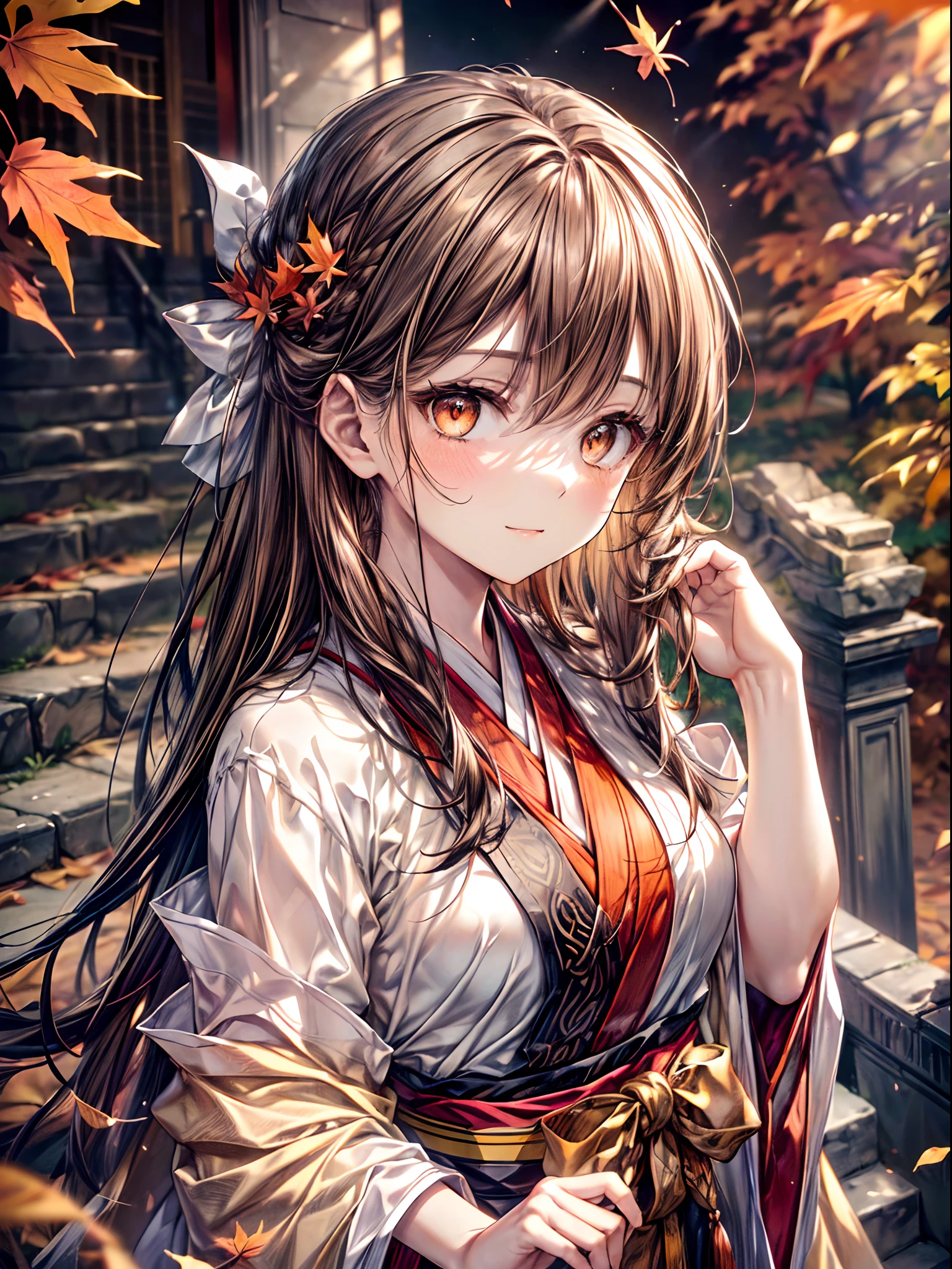 (overhead view), beautiful anime woman illustration, (masterpiece, best quality, ultra-detailed), 1girl, sharp focus, detailed face, extremely detailed eyes, face focus, long hair, dark brown hair, (light orange eyes, :1.3), ((Ancient Hanfu clothing colors: beige, white, brown, with a intricate black shawl on left side of body)), tired relieved smile, medium breasts, ((maple tree in distance, girl at bottom of steps ascending to temple ,autumn leaves surrounds)), windy, ((right hand reaching to fix hair at side of head:1.4)), soft lighting, rim lighting, dynamic angle, blur, shadowing