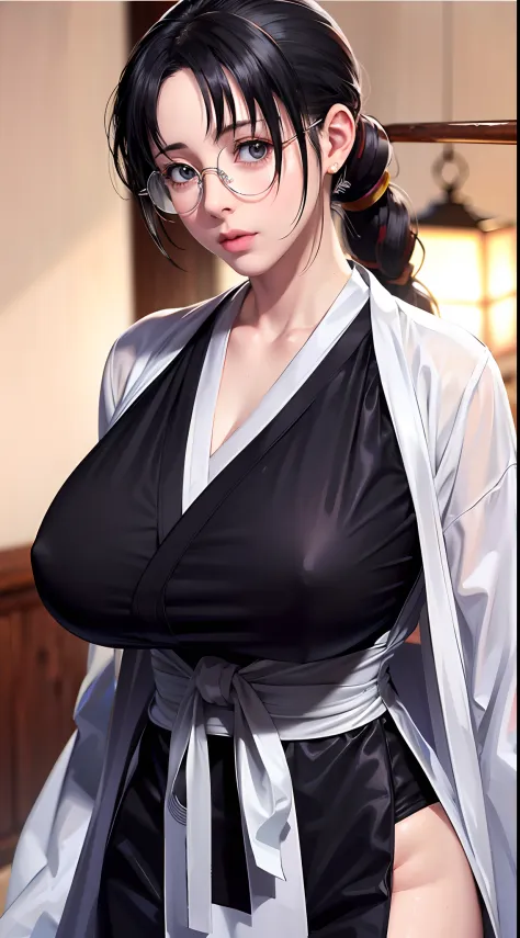 Katori，（（（Black color hair，She wears a long ponytail，Young woman with glasses，laughingly，self-assured）））,((Masterpiece)),A high resolution, ((Best quality))，tmasterpiece，top-quality，best qualityer，（（（ Exquisite facial features，looking at viewert, There is ...