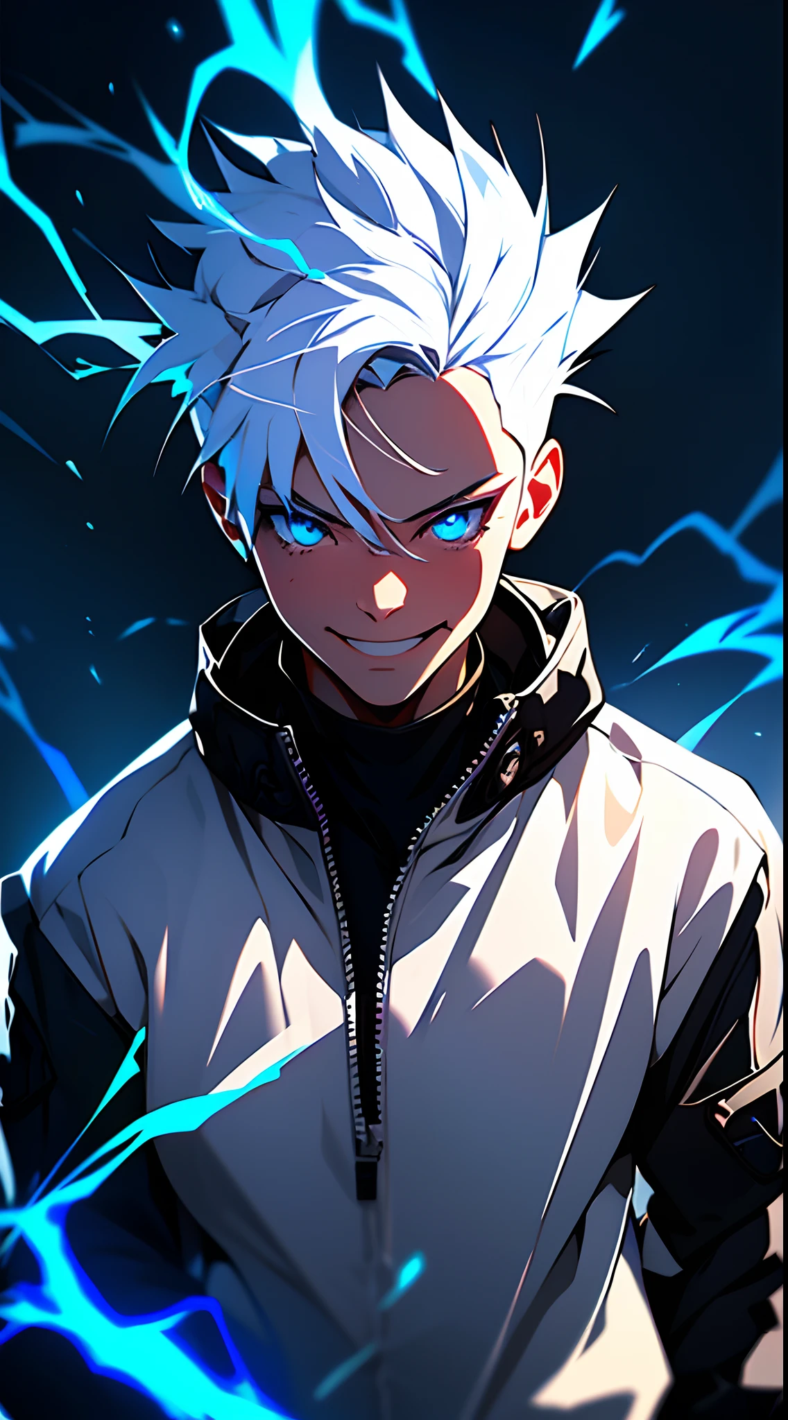傑作, 1人の男の子, 笑顔, サイバーパンクなストリートウェアを着たアニメ少年, 白髪, 青い目, 体から出る電気の影響, 劇的な背景, ダイナミック照明, 鮮やかな色彩, style by makato shinkai.