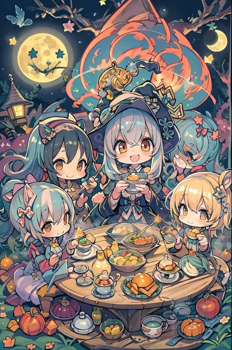 masutepiece, Best Quality, Chibi, Wizard Tea Party, the witch, beautiful witch, Happy, Vibrant, Colorful,(((Big Full Moon)))、Und...