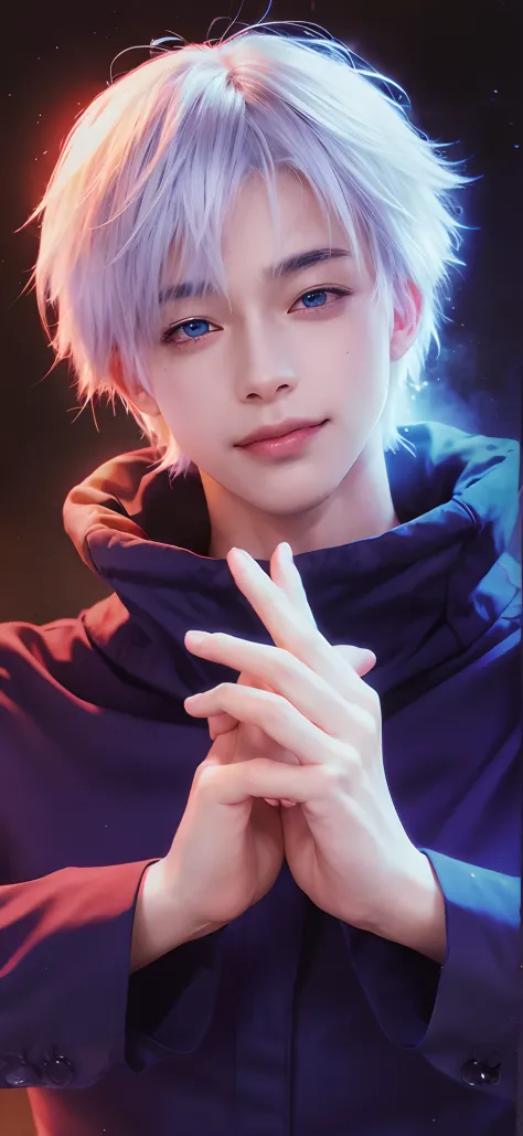1man, gojo satoru in anime jujutsu, short hair , white hair, blue light eyes, beautiful eyes, handsome, smile, black clothes, realistic clothes, detail clothes, city background, ultra detail, realistic