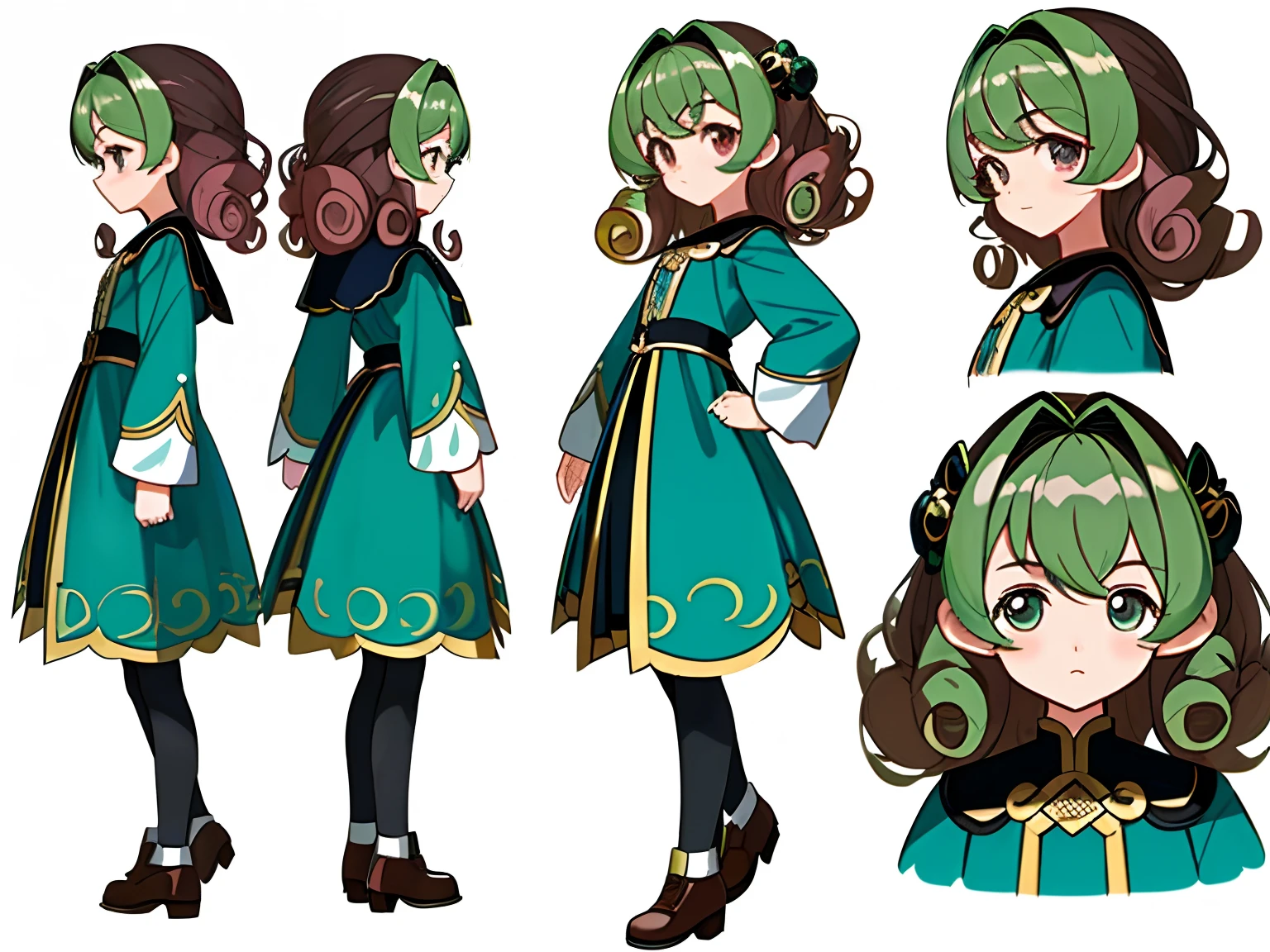 ((masterpiece)),(((best quality))),(character design sheet, same character, front, side, back), illustration, 1 girl, hair color curly hair, bangs, hairstyle fax, eyes, environment Scene change, hairstyle fax, pose Zitai, charturnbetalora, (simple background, white background: 1.3)