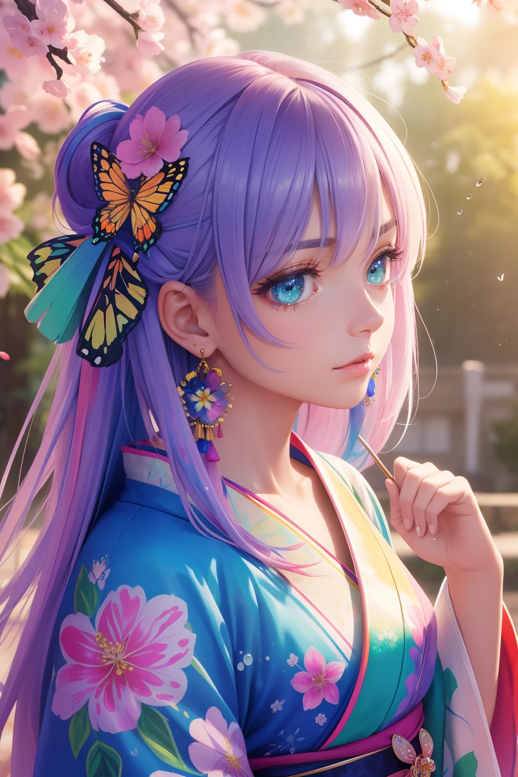 shukezouma, octane render, hdr, (hyperdetailed:1.15), (soft light, sharp:1.2), 1girl, beautiful girl, ultra detailed eyes, mature, plump, thick, rainbow painting drops, paint teardrops, woman made up from paint, entirely paint, splat, splash, long colored hair, kimono made from paint, ultra detailed texture kimono, rainbow paint kimono, paint bulb, paint drops, (hair ornaments, earrings, flowers hair ornaments, butterflies hair ornaments), outdoors, sakura trees