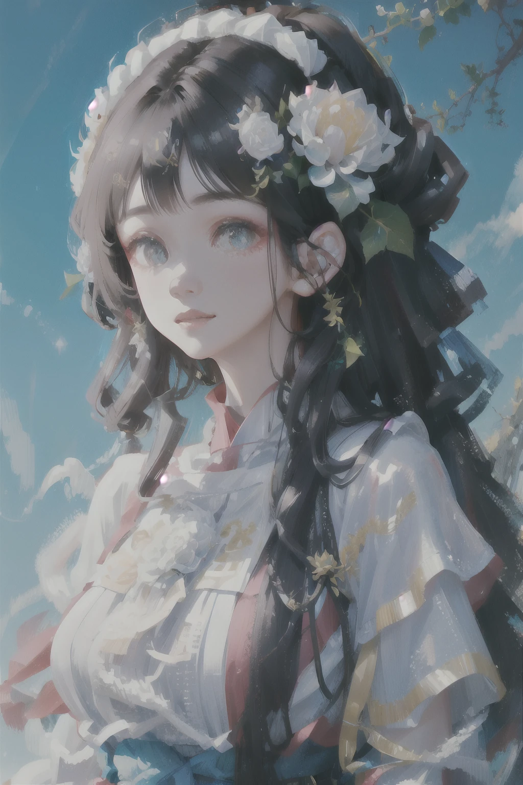 one-girl，There is a white flower on the head，Black hair，Red clothes，nevando，blue-sky