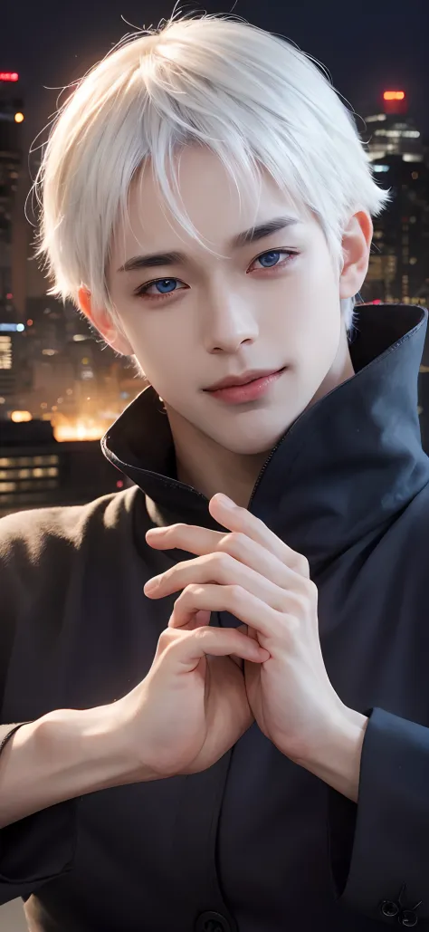 1man, gojo satoru in anime jujutsu, short hair , white hair, blue light eyes, beautiful eyes, handsome, smile, black clothes, realistic clothes, detail clothes, city background, ultra detail, realistic