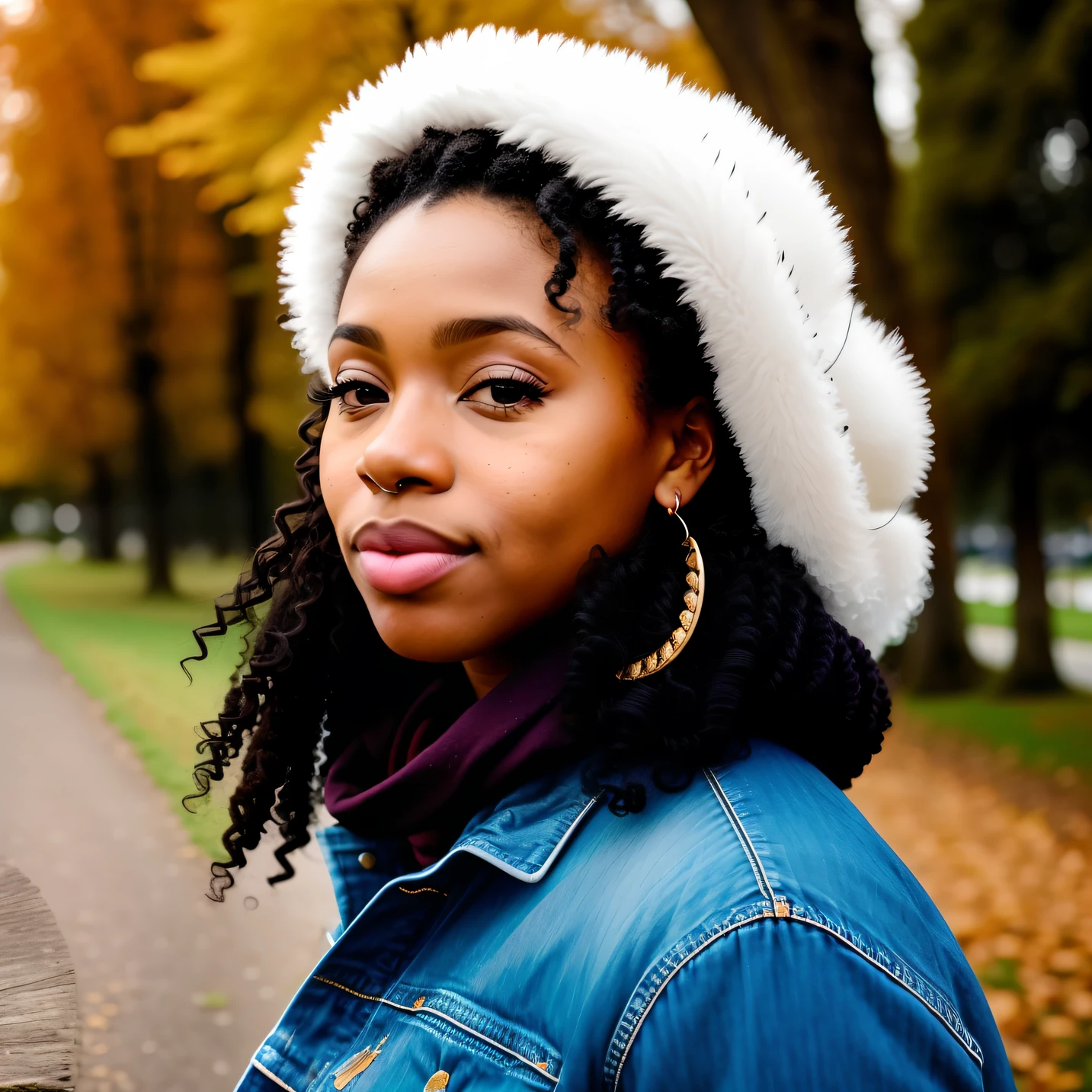 There is a woman with a hat and scarf standing in a park - SeaArt AI