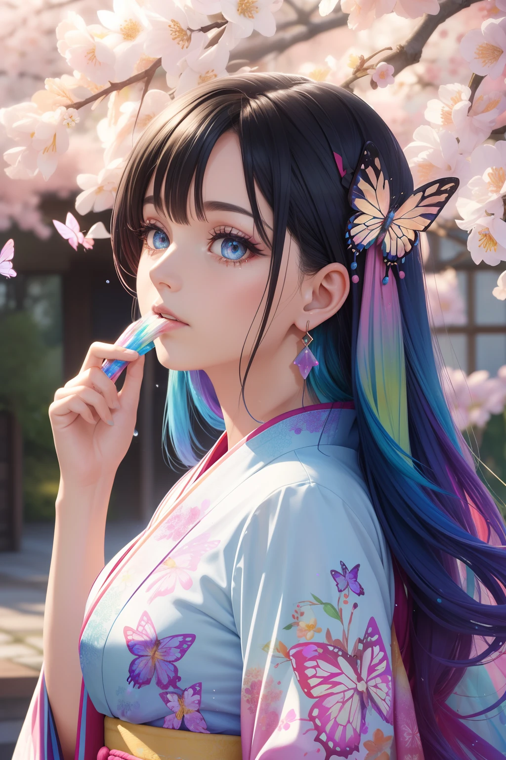 shukezouma, octane render, hdr, (hyperdetailed:1.15), (soft light, sharp:1.2), 1girl, beautiful girl, ultra detailed eyes, mature, plump, thick, rainbow painting drops, paint teardrops, woman made up from paint, entirely paint, splat, splash, long colored hair, kimono made from paint, ultra detailed texture kimono, rainbow paint kimono, paint bulb, paint drops, (hair ornaments, earrings, flowers hair ornaments, butterflies hair ornaments), outdoors, sakura trees