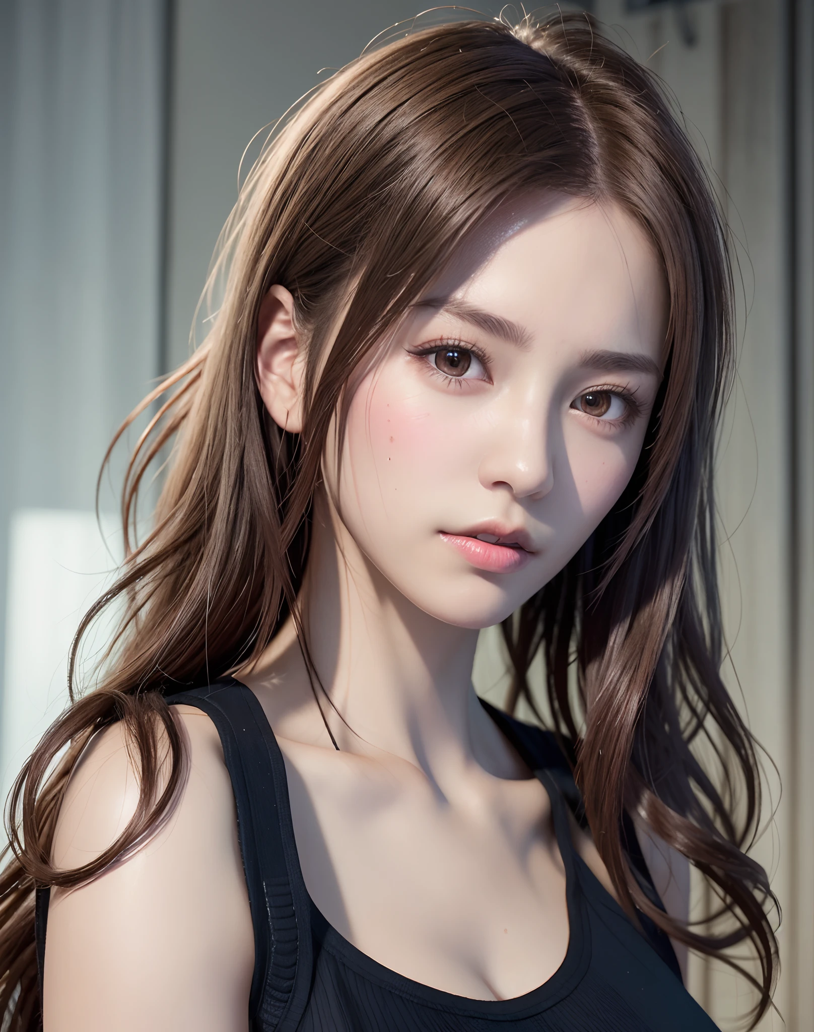 HigH quality picture, 桌上, detailed Hair texture, 細緻的皮膚紋理, Detailed ClotH Texture, 8K, 添加面料細節, 超細緻的皮膚紋理, ultra detailed pHotograpHic, 皮膚毛孔, 一個女孩的肖像, 穿著背心, Add clotH details, H...