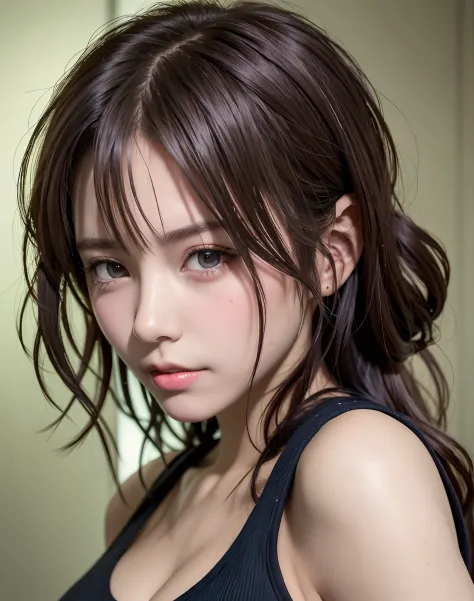 high quality picture, masutepiece, detailed hair texture, Detailed skin texture, Detailed Cloth Texture, 8K, Add fabric details, ultra detailed skin texture, ultra detailed photographic, Skin pores, Portrait of a girl, wearing tank top, Add cloth details, ...
