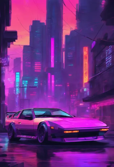 retrowave. city, 1969 Nissan S30, wide body kit, road, purple neon ...