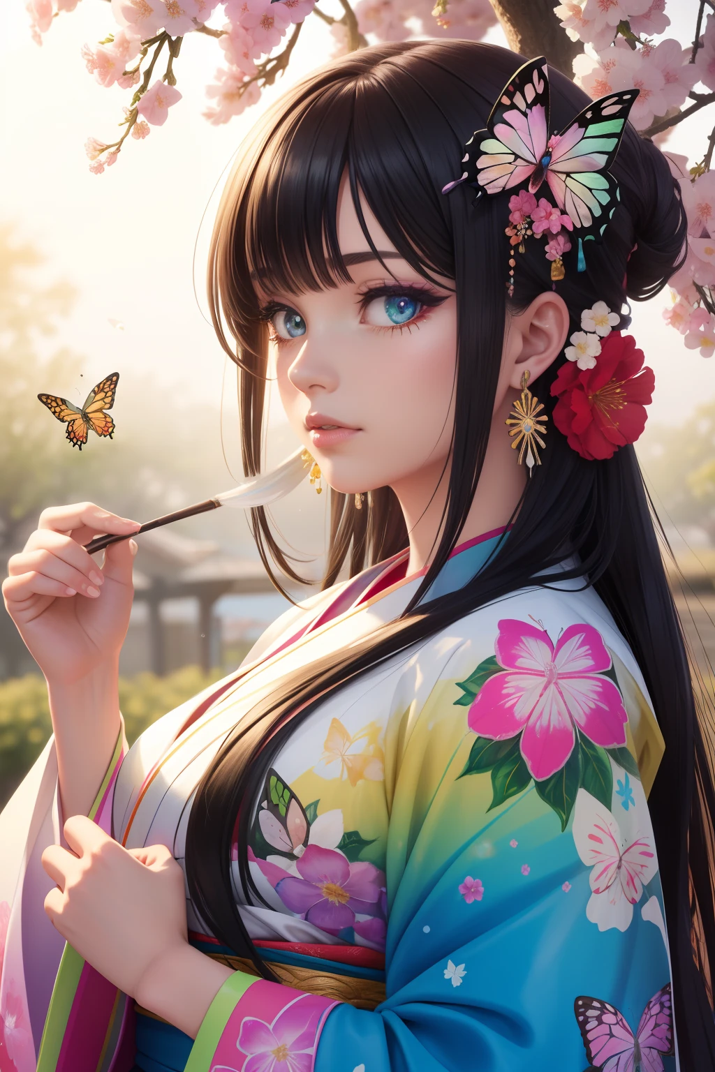 shukezouma, octane render, hdr, (hyperdetailed:1.15), (soft light, sharp:1.2), 1girl, beautiful girl, ultra detailed eyes, mature, plump, thick, rainbow painting drops, paint teardrops, woman made up from paint, entirely paint, splat, splash, long colored hair, kimono made from paint, ultra detailed texture kimono, rainbow paint kimono, paint bulb, paint drops, (hair ornaments, earrings, flowers hair ornaments, butterflies hair ornaments), outdoors, sakura trees