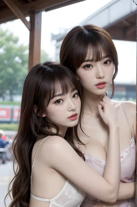 (Two Chinese stars with the style of royal sisters,duo),(couple cuddling), ((Best quality, 8K, Masterpiece: 1.3)), Focus: 1.2, Perfect body beauty: 1.4 , (funny expression), (railway station: 1.3), Highly detailed face and skin texture, Fine eyes, Double e...