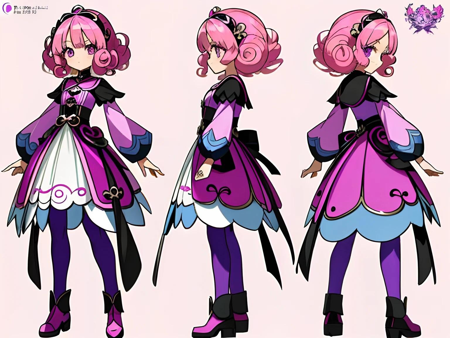 ((masterpiece)),(((best quality))),(character design sheet, same character, front, side, back), illustration, 1 girl, pink curly hair, bangs, purple eyes, colorful detailed outfit, hairstyle fax, pose Zitai, charturnbetalora, (simple background, white background: 1.3) min