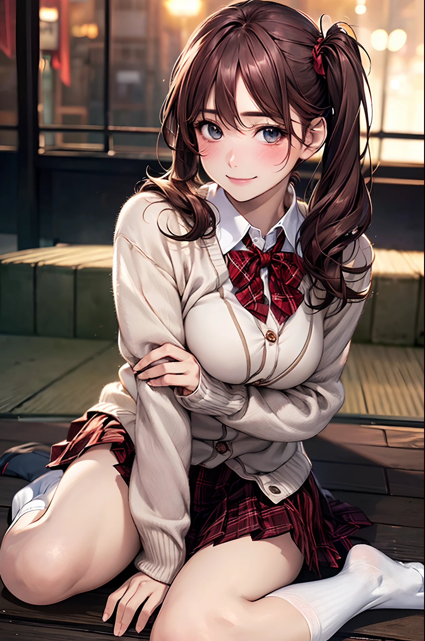 (masterpiece:1.2, top-quality), (realistic, photorealistic:1.4), beautiful illustration, NSFW, 
looking at viewer, cowboy shot, front view:0.8, 
1 girl, japanese, high school girl, light brown hair, (long hair:1.8), (side ponytail:1.7), bangs, hair between eye, blue eyes, large breasts:0.8, (thick thighs), 
beautiful hair, beautiful face, beautiful detailed eyes, beautiful clavicle, beautiful body, beautiful chest, beautiful thigh, beautiful legs, beautiful fingers, 
(beautiful scenery), evening, bright and refreshing park, and a cat,
((pleated mini skirt, white socks, red private school uniform:1.2, light pink cardigan, red plaid pleated skirt, red plaid bow tie, red plaid hair ribbon)), pink panties, 
(swollen), ((seductive posture: 1.2, attractiveness: 1.2)), 
(erotic, sexy, upper eyes, smile), shiny skin, 
perfect face, cute and symmetrical face, natural side lighting, movie lighting), 
wariza,