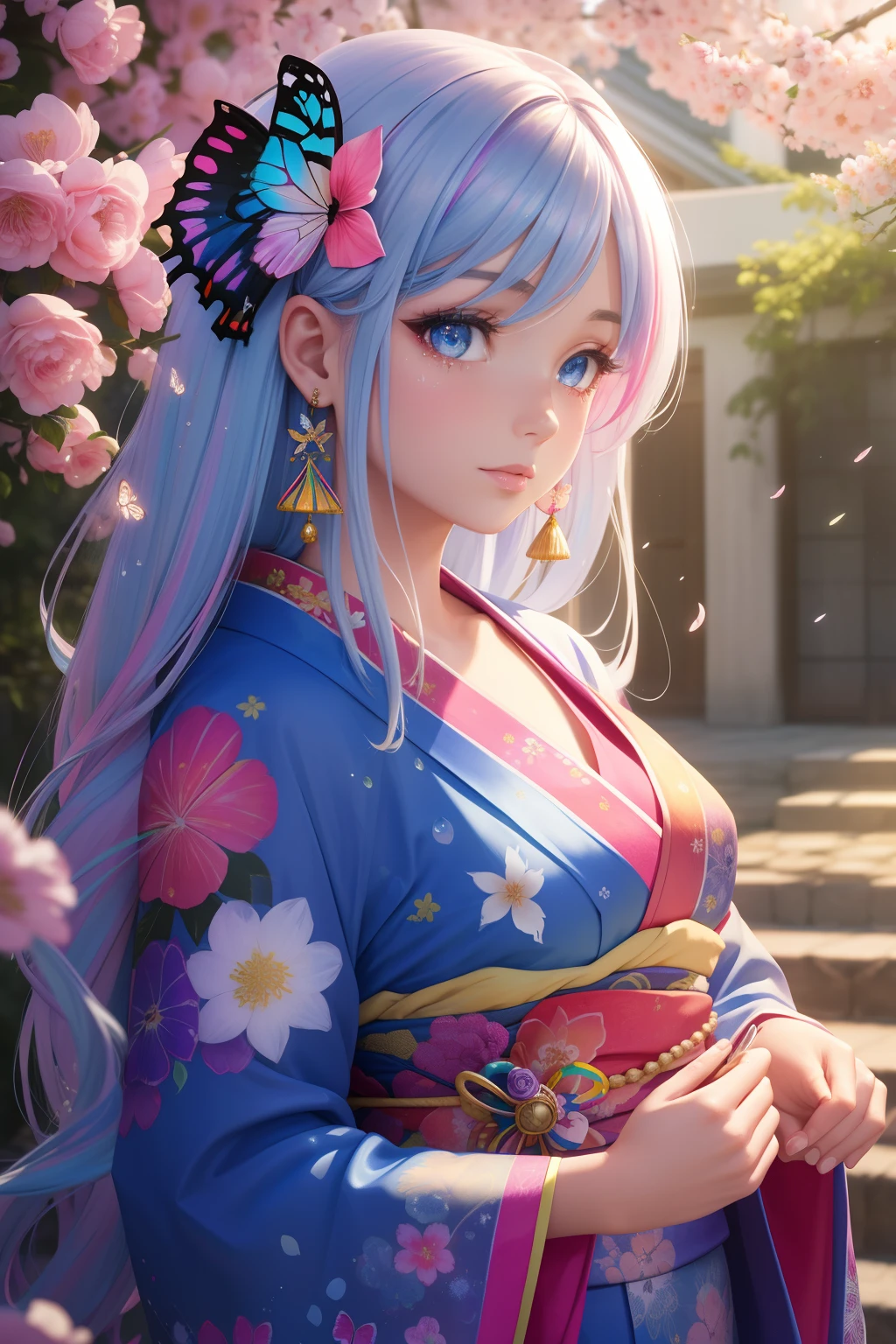 shukezouma, octane render, hdr, (hyperdetailed:1.15), (soft light, sharp:1.2), 1girl, beautiful girl, ultra detailed eyes, mature, plump, thick, rainbow painting drops, paint teardrops, woman made up from paint, entirely paint, splat, splash, long colored hair, kimono made from paint, ultra detailed texture kimono, rainbow paint kimono, paint bulb, paint drops, (hair ornaments, earrings, flowers hair ornaments, butterflies hair ornaments), outdoors, sakura trees