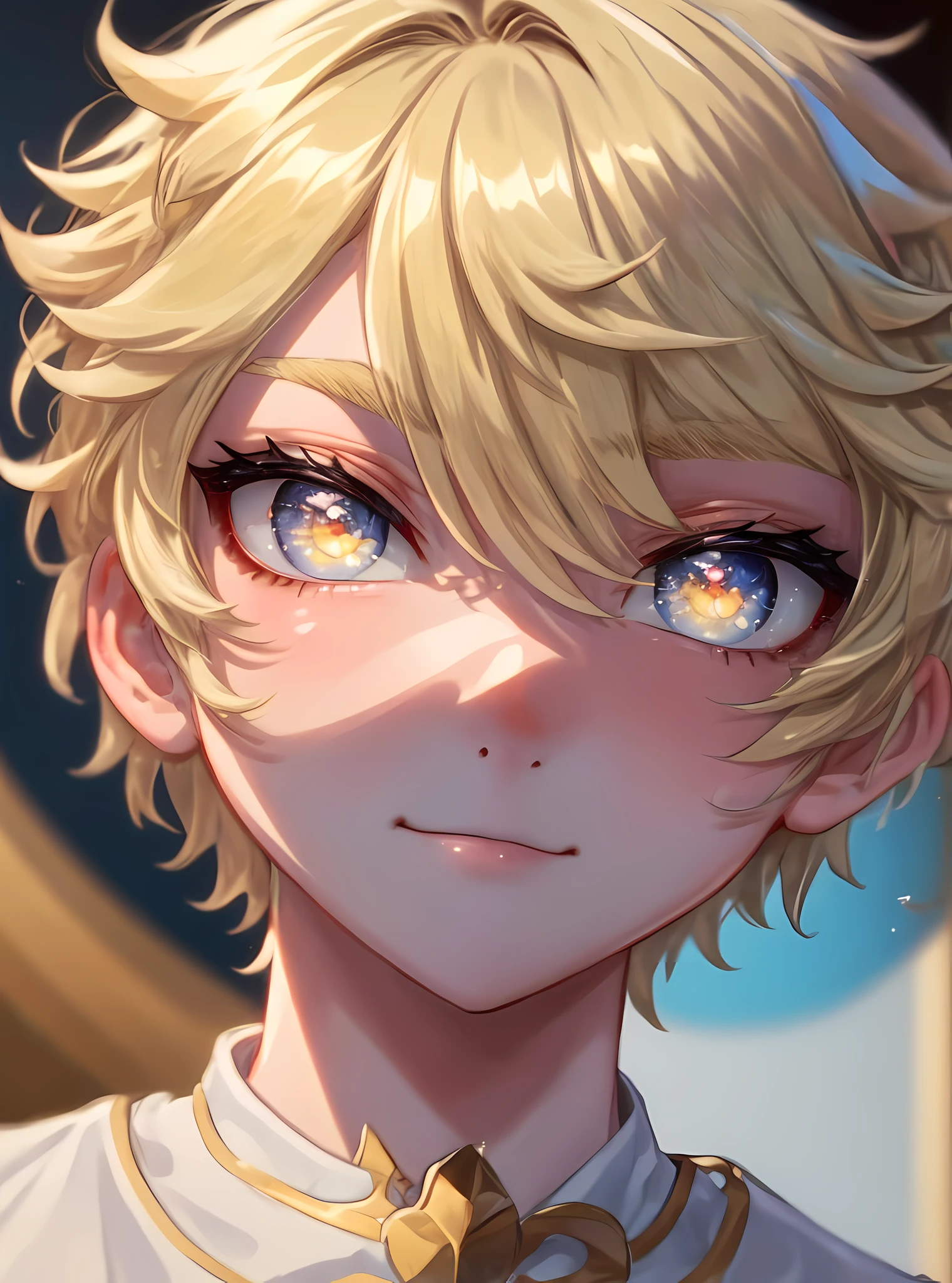 1 boy,more details in eyes,cute,looking at viewer, adorabel boy,cute face,details sky,handsome,young,juvenile,((masterpiece:1.4,best quality)),multiple details,colorful hair,eyeshadow,, sfw, , blonde hair