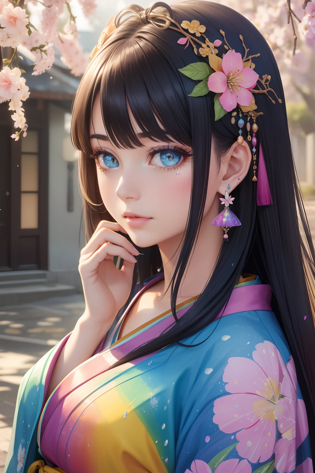 shukezouma, octane render, hdr, (hyperdetailed:1.15), (soft light, sharp:1.2), 1girl, beautiful girl, ultra detailed eyes, mature, plump, thick, rainbow painting drops, paint teardrops, woman made up from paint, entirely paint, splat, splash, long colored hair, kimono made from paint, ultra detailed texture kimono, rainbow paint kimono, paint bulb, paint drops, (hair ornaments, earrings, flowers hair ornaments, butterflies hair ornaments), outdoors, sakura trees