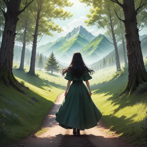 In a green meadow is a girl leading a group of horsemen. BREAK With a brave expression, she guides them towards their destination. BREAK Behind her, a green forest stretches out, and besides, mountains rise in the distance. The most suitable effect for thi...