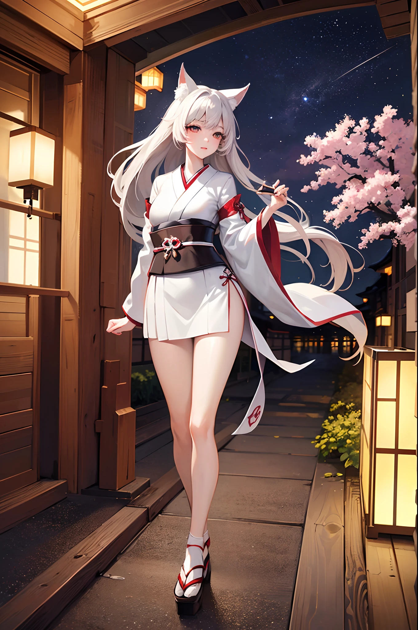 (Best quality:1.2, ultra-detailed, photorealistic:1.3), colorful, brightly lit night scene, enchanting atmosphere. Beautifully detailed nine-tailed kitsune woman, with captivating emerald eyes, rosy cheeks, and silky long black hair flowing in the breeze. She has a slim and graceful figure, with a slender waist and long legs. Her petite frame is adorned with (revealing traditional Japanese clothing:1.3), showcasing her alluring curves and assets. The kitsune woman stands in front of a majestic Japanese temple, illuminated by the soft glow of lanterns. The temple is decorated with intricate carvings and vibrant cherry blossoms, symbolizing beauty and renewal. The night sky is filled with sparkling stars, creating a magical backdrop. The kitsune woman's elegant posture exudes confidence and elegance, as she holds a mystical fox mask, adding an element of mystery to the scene. The ambience is filled with tranquility and a sense of wonder, inviting viewers to immerse themselves in the enchanting world of the nine-tailed kitsune.