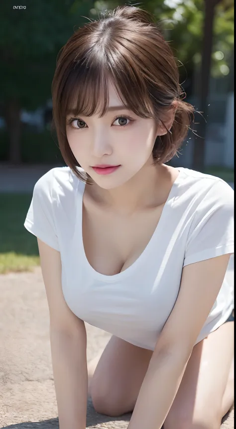Innocent 20 year old girl、((Oversized white T-shirt,Dramatic poses)),Smile,short-cut,Park background、Raw photo, (8K、top-quality、​masterpiece:1.2)、(intricate detailes:1.4)、(Photorealsitic:1.4)、octane renderings、Complex 3D rendering ultra detail, Studio Soft Light, Rim Lights, vibrant detail, super detailing, realistic skin textures, Detail Face, Beautiful detail eyes, Very detailed CG Unity 16k wallpaper, make - up, (detailedbackground:1.2), shinny skin, Full body、From head to thigh、cleavage of the breast,((getting on all fours、stick out buttocks、Put your hands on the ground))